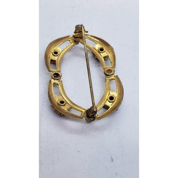 Vintage 10k Gold Plate Brooch Pin Art Deco Oval Openwork Black Rhinestone - Picture 10 of 16